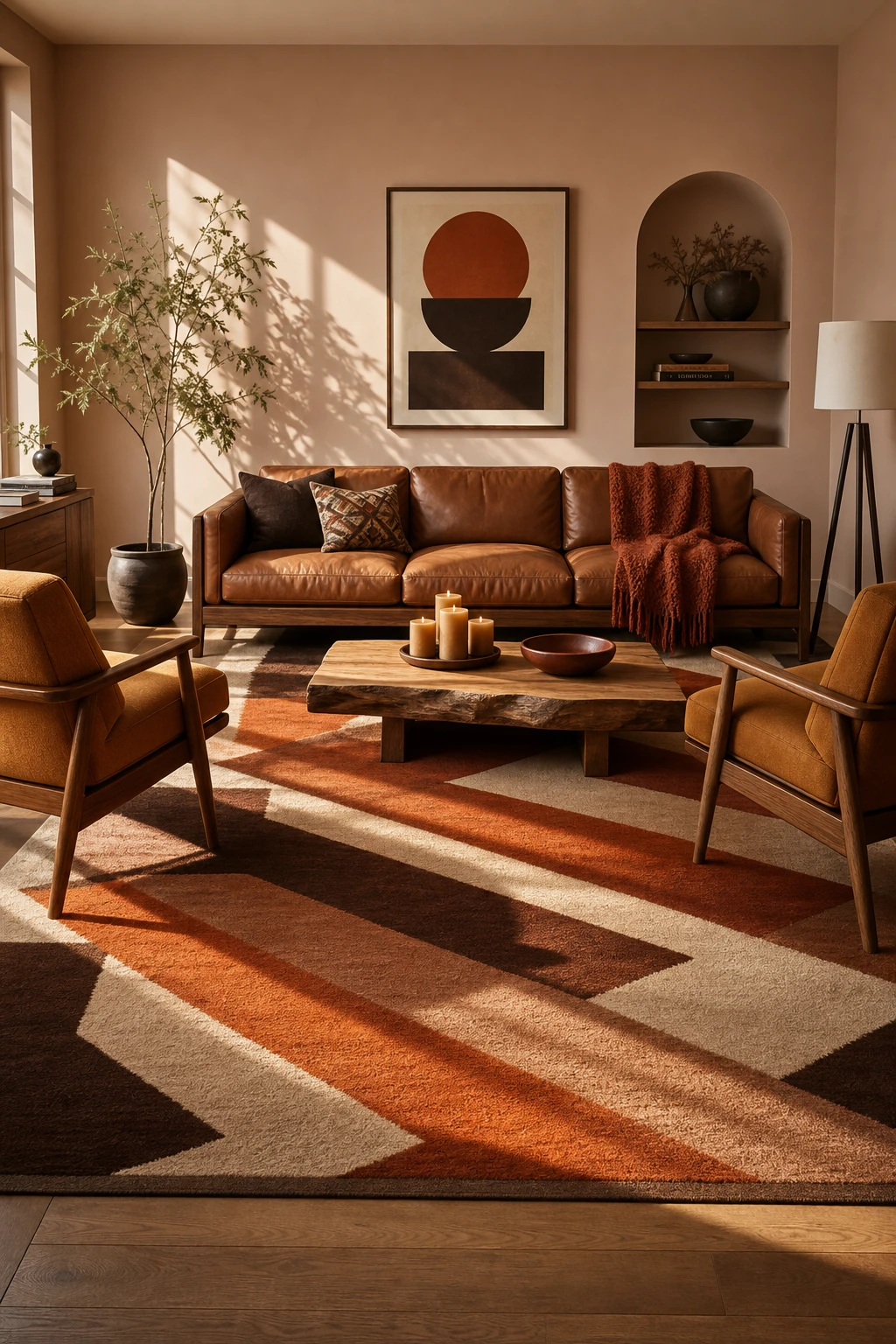 Brown and orange living room with a bold geometric rug as the hero, Farrow and Ball Ointment Pink walls, layered seating and warm natural light