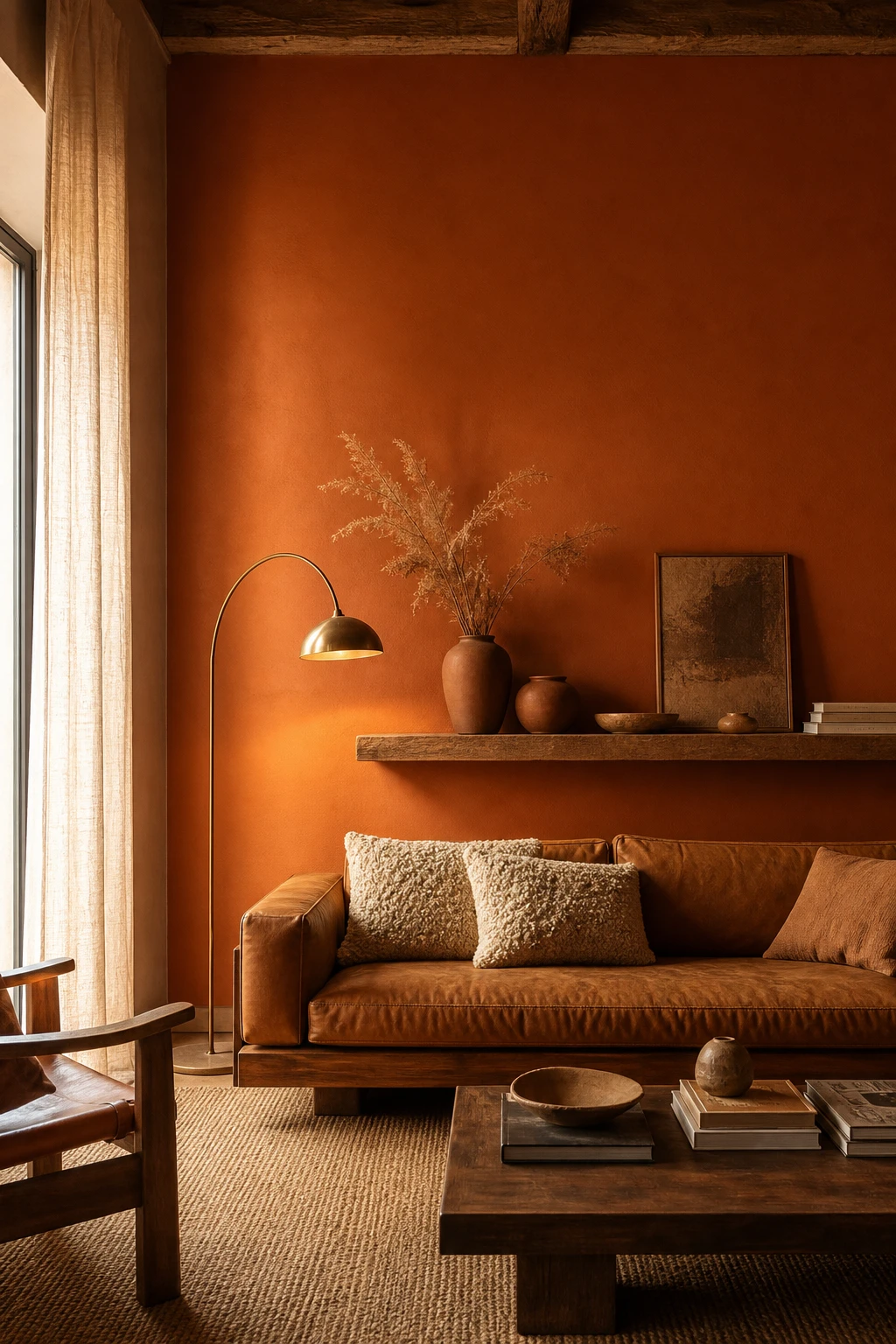 Brown and orange living room with a burnt orange accent wall painted in Farrow and Ball Dutch Orange anchoring a layered neutral seating arrangement