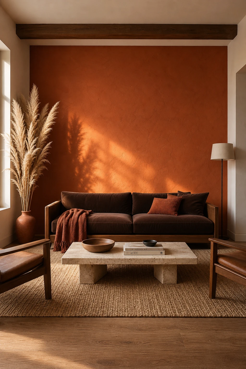 Brown and orange living room with a burnt orange Farrow and Ball Dutch Orange accent wall behind a low walnut sofa, warm afternoon light, magazine quality interior photography.