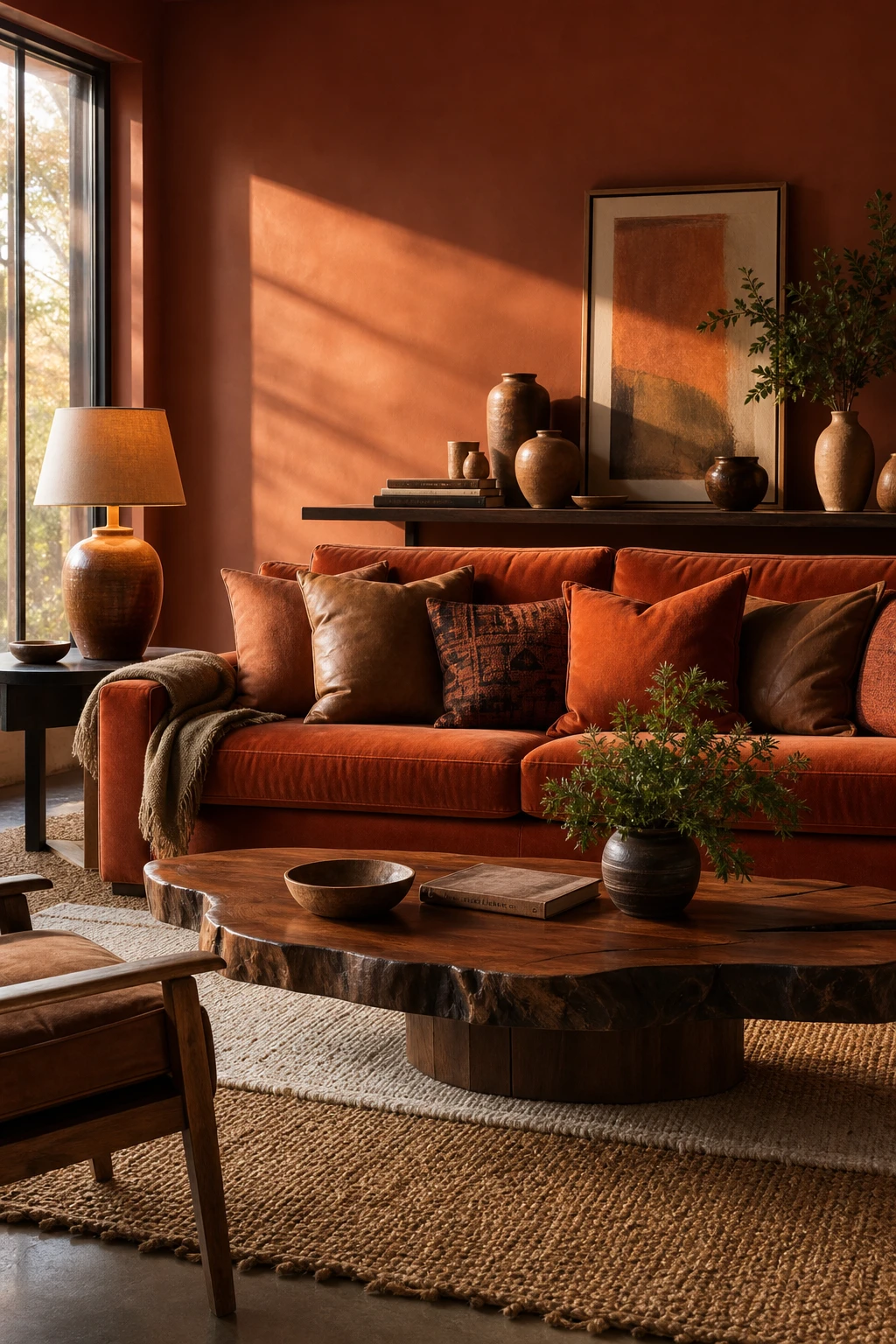 Brown and orange living room with a burnt orange sofa as the centrepiece, warm earth tone walls, wooden coffee table, woven rug and layered cushions
