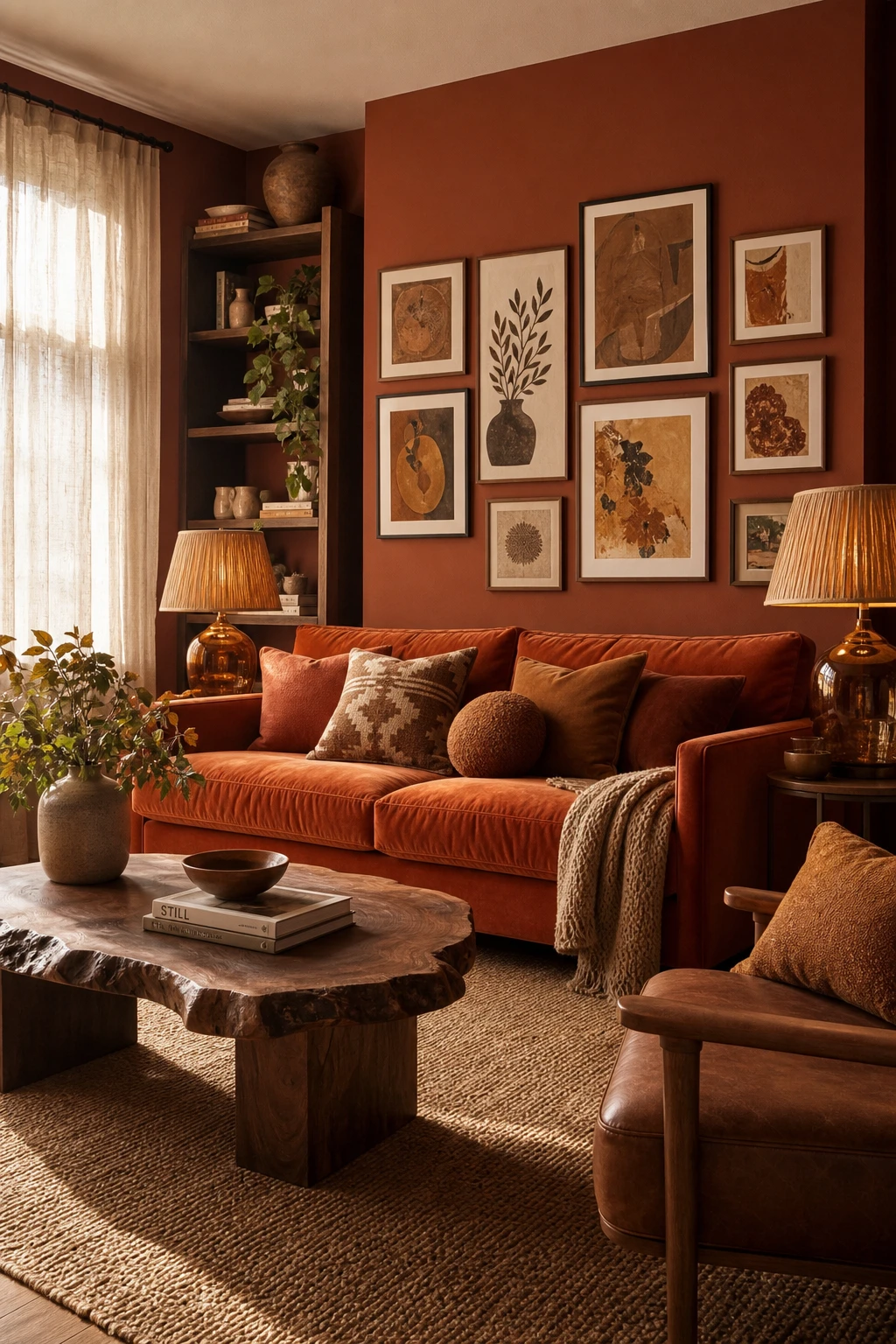 Brown and orange living room with a burnt orange sofa as the focal point, warm earth tone walls, wooden coffee table, and layered textile accents