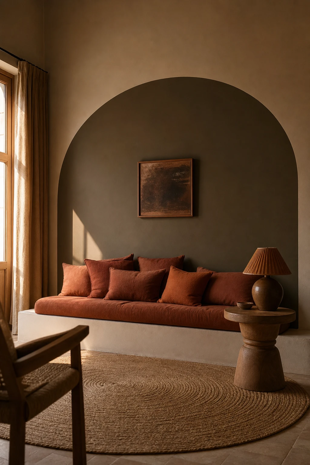 Brown and orange living room with a Farrow and Ball Broccoli Brown painted arch framing a seating nook, warm afternoon light, layered textiles and earthy tones