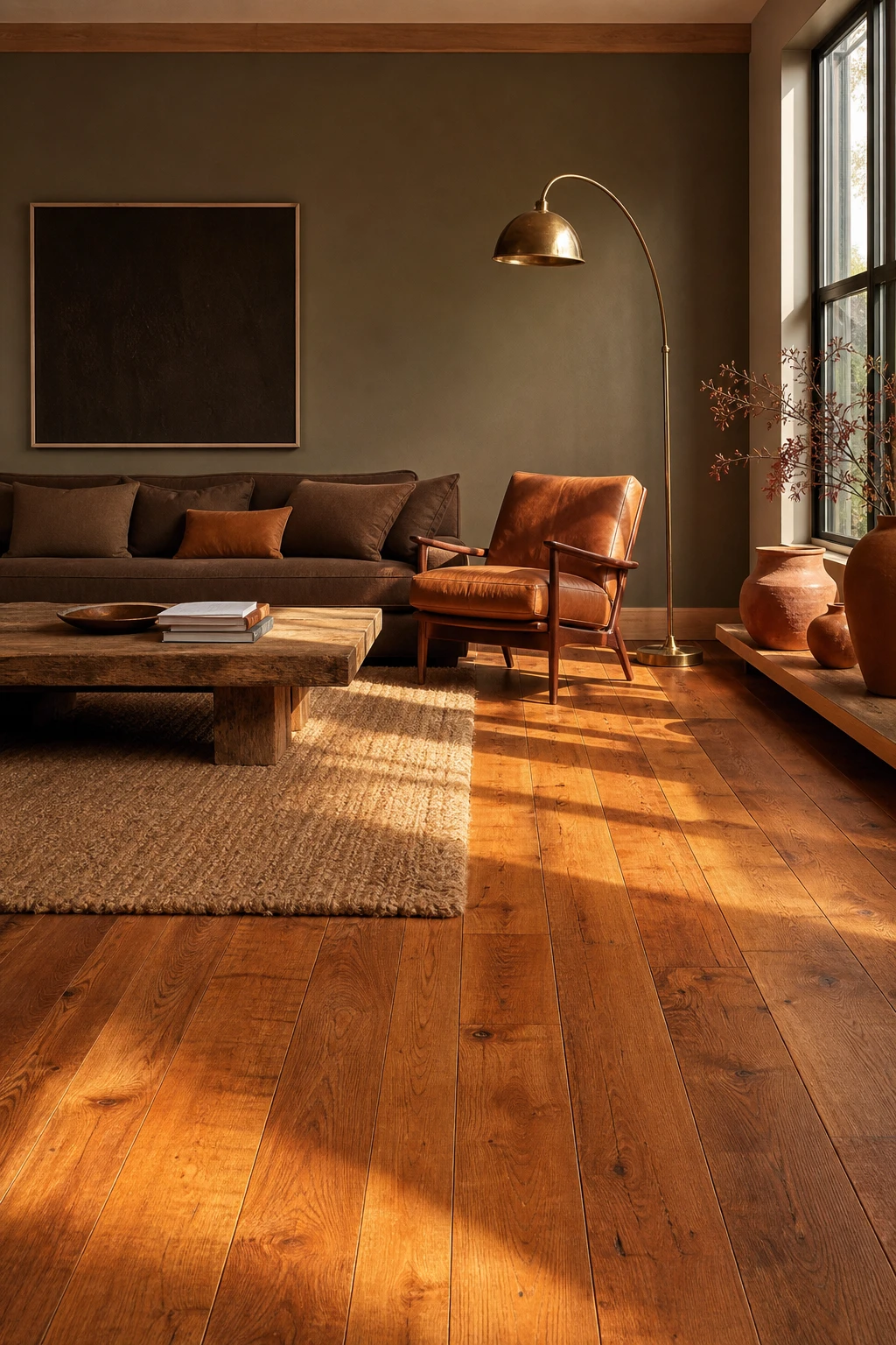 Brown and orange living room with a glowing orange toned hardwood floor as the hero feature, warm neutral walls, and understated brown furniture
