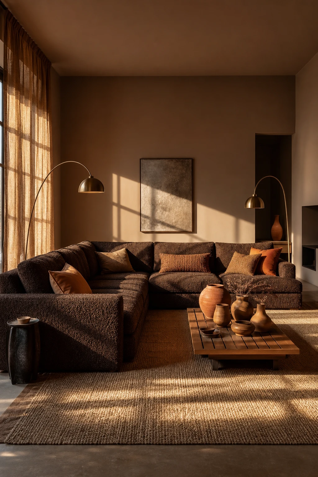 Brown and orange living room with a large brown L shape sectional sofa as the centrepiece, warm amber accents, and Farrow and Ball London Clay on the walls