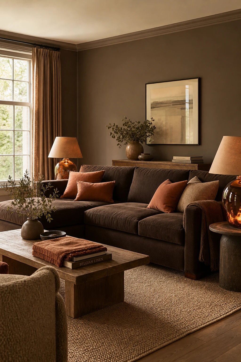 Brown and orange living room with a large brown L shape sofa as the centrepiece, warm lighting, textured cushions, wooden coffee table and London Clay painted walls