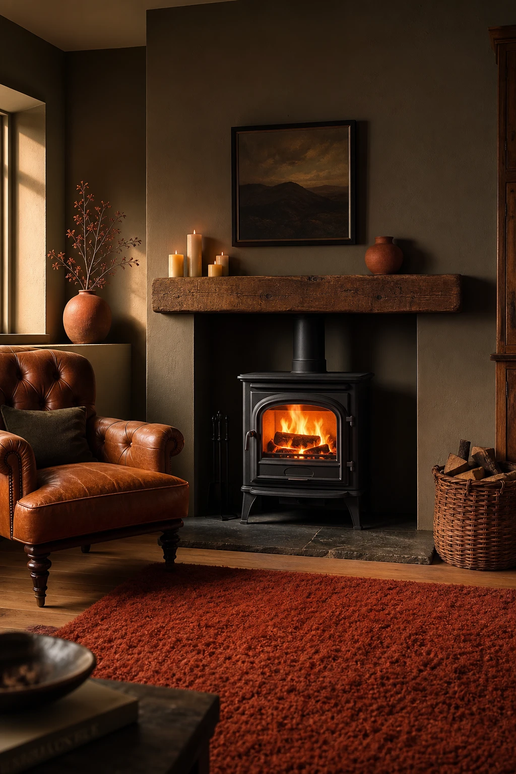 Brown and orange living room with a log burner as the focal point, cast iron surround, Farrow and Ball Salon Drab walls, leather armchair, warm evening light