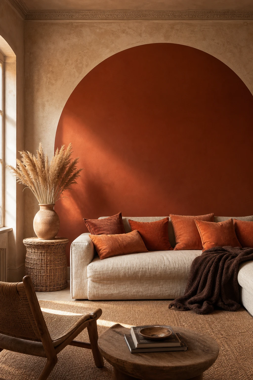 Brown and orange living room with a painted arch wall design in Farrow & Ball Singed Red framing a seating area, linen sofa, terracotta cushions and rattan side table