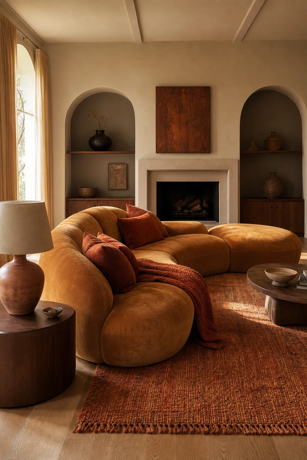 Brown and orange living room with a rounded sofa as the sculptural centrepiece, warm earth toned walls, curved furniture and layered textiles in soft afternoon light
