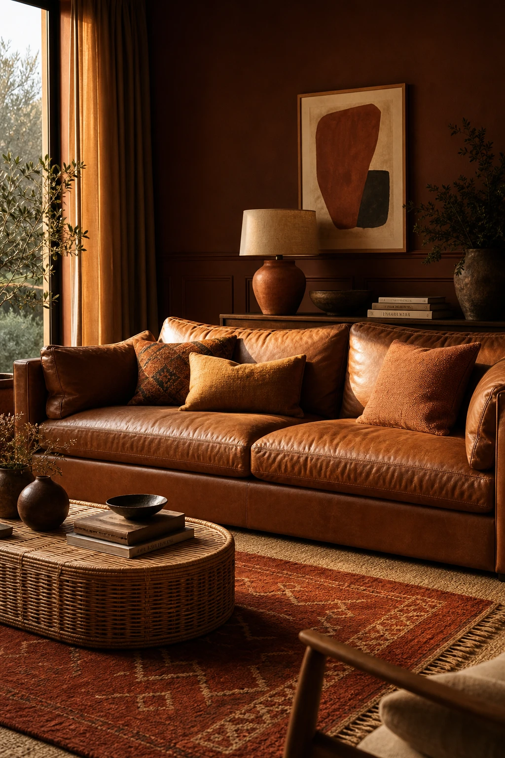 Brown and orange living room with a tan leather sofa as the hero, warm sienna walls in Farrow and Ball Wainscot paint, rattan coffee table and layered wool rugs