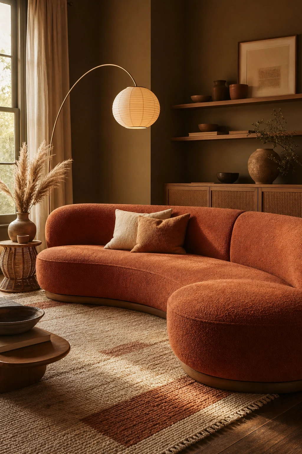 Brown and orange living room with a terracotta sofa as the centrepiece, Cardamom painted walls, natural linen cushions, rattan side table and warm afternoon light