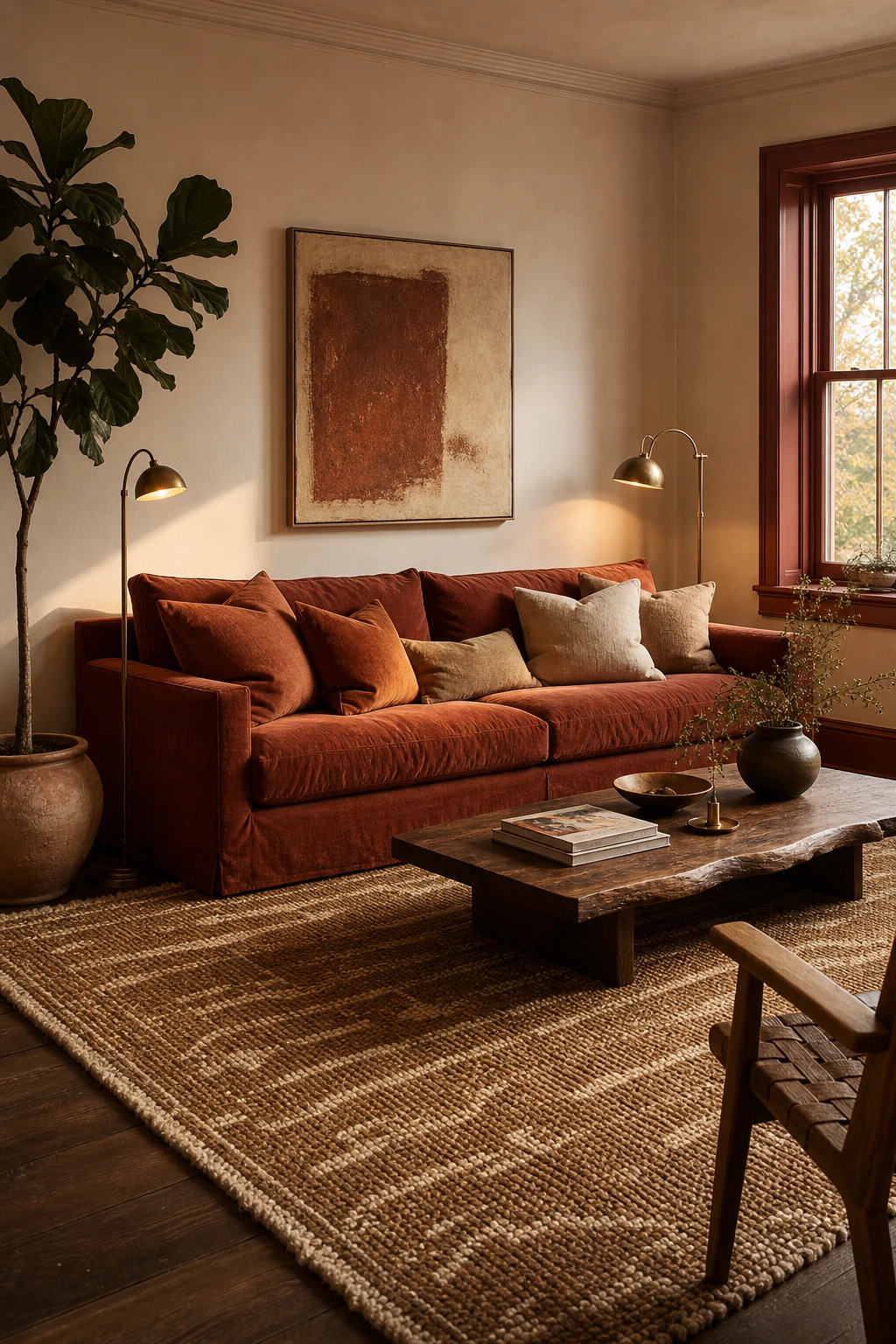 Brown and orange living room with a terracotta sofa as the hero, natural linen cushions, warm wood coffee table, woven rug, and cream walls in Book Room Red trim
