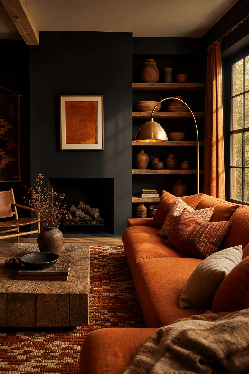 Brown and orange living room with black accent wall painted Farrow and Ball Off Black, bold orange cushions, brass floor lamp, and warm wood shelving