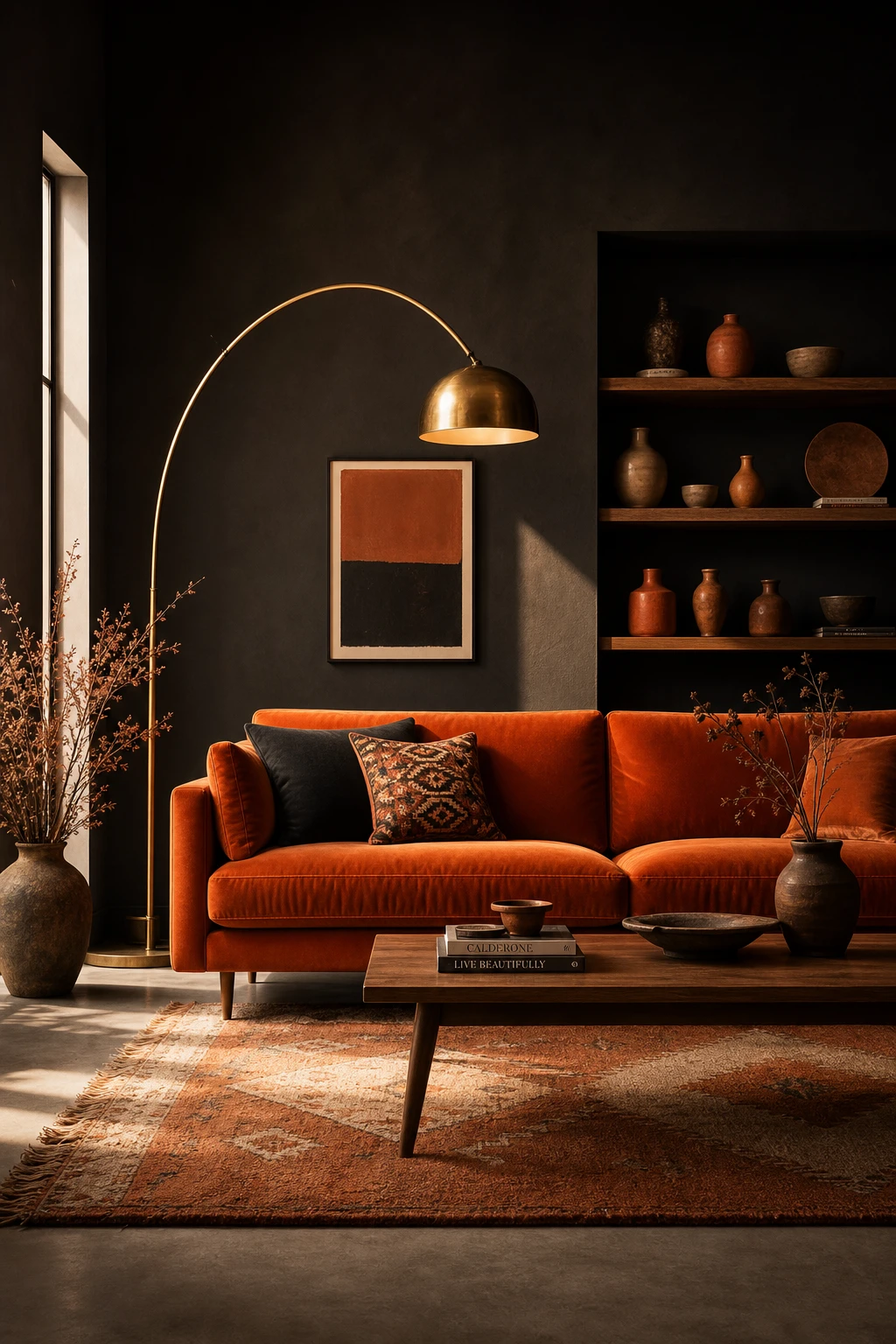 Brown and orange living room with black and burnt orange as hero pairing, deep Farrow and Ball Tar walls, velvet sofa, brass lamp, woven rug