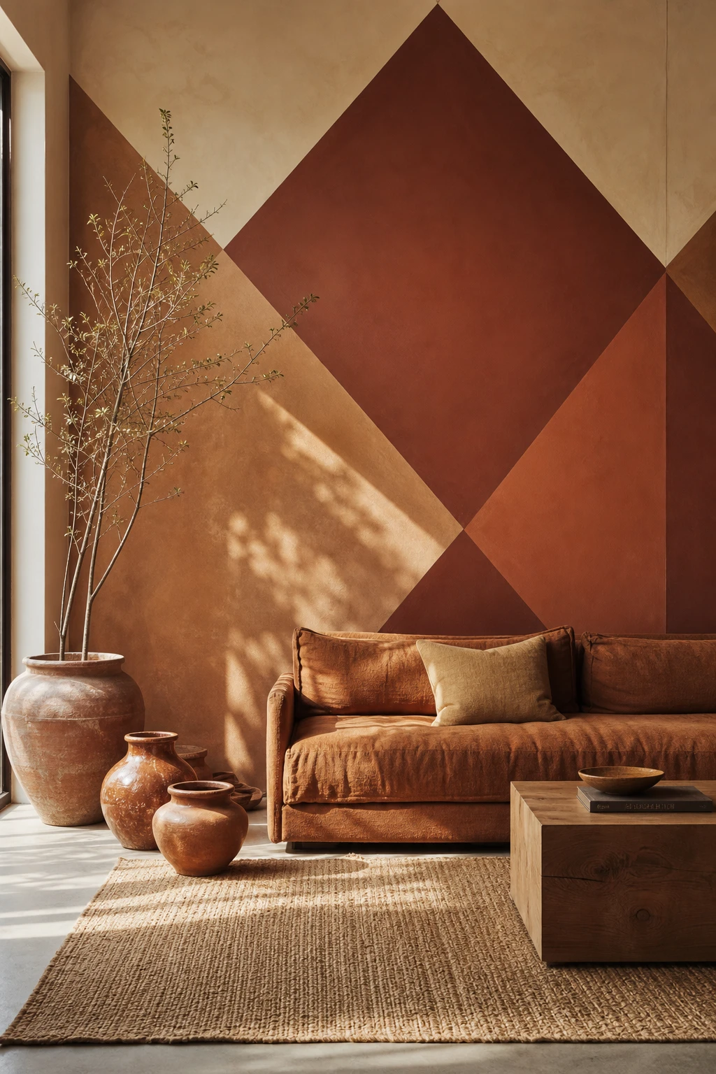 Brown and orange living room with bold geometric wall paint in Farrow and Ball Book Room Red, DIY painted triangles and diamonds framing a simple sofa
