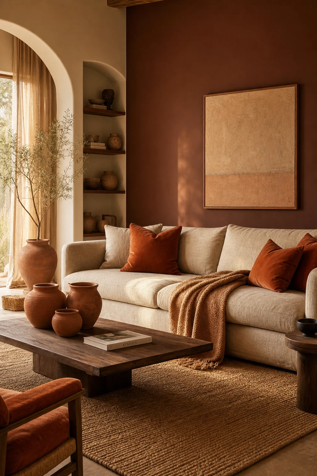 Brown and orange living room with burnt orange cushions, beige linen sofa, warm natural light, jute rug, and Farrow and Ball Deep Reddish Brown painted accent wall