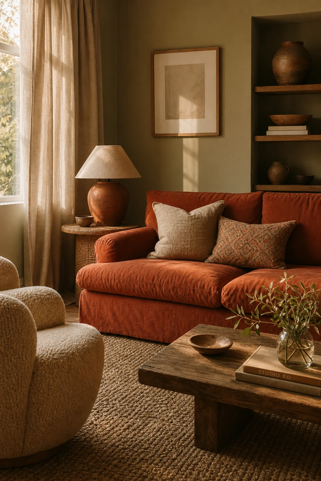 Brown and orange living room with burnt orange sofa, beige linen walls, rattan side table, jute rug and warm afternoon light through linen curtains
