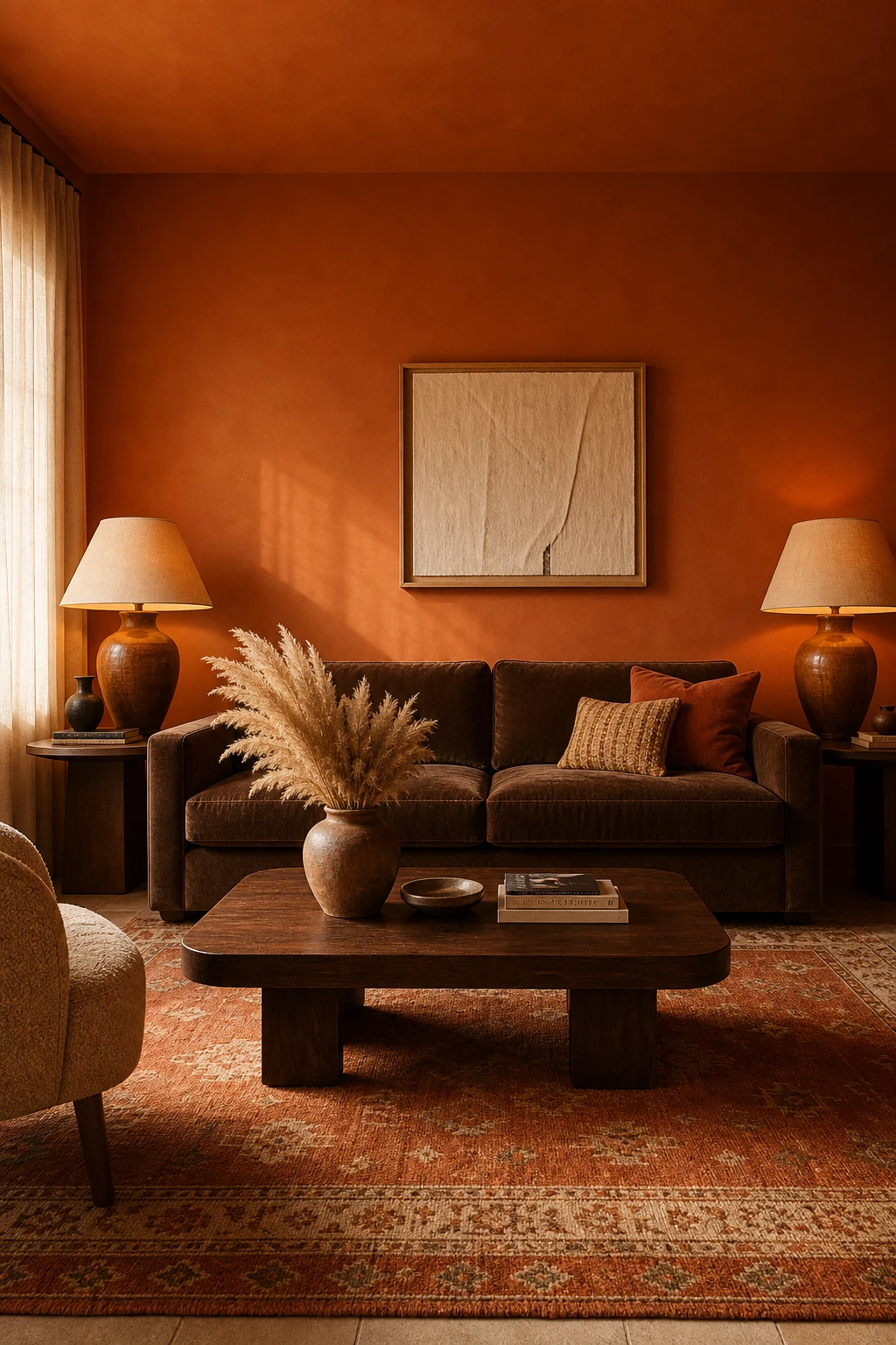 Brown and orange living room with burnt orange walls painted in Farrow and Ball Charlottes Locks, deep brown sofa, woven rug and warm afternoon light
