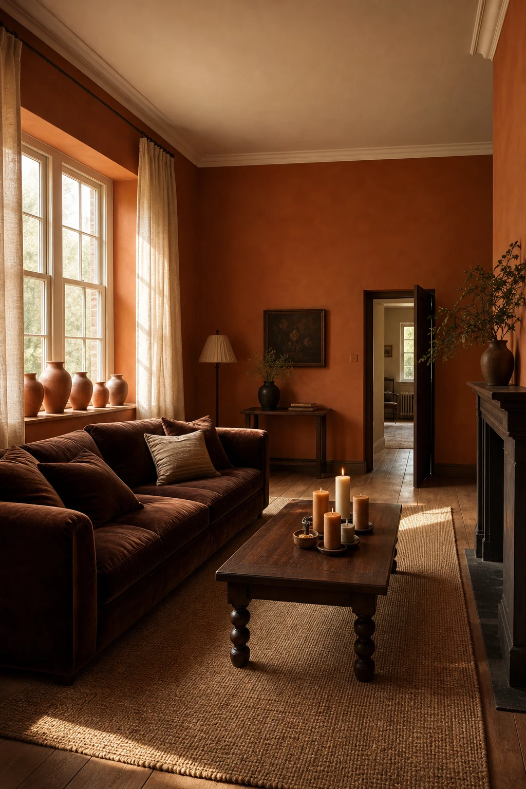 Brown and orange living room with burnt orange walls painted in Farrow and Ball Charlottes Locks, deep sofa, wooden coffee table and warm evening light
