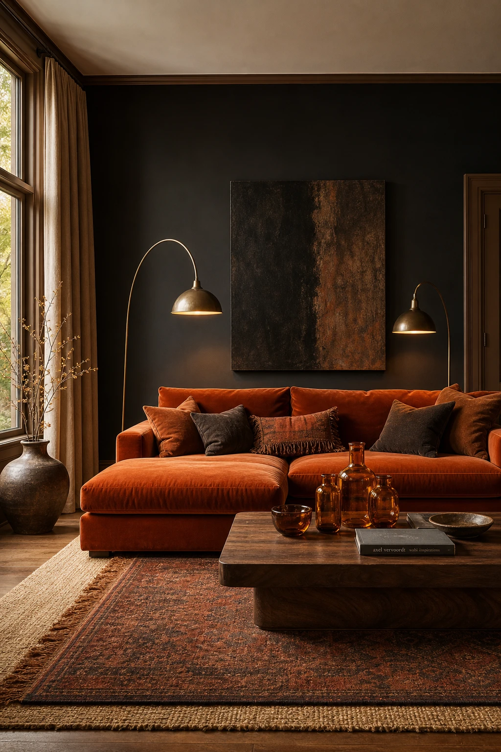 Brown and orange living room with charcoal walls, a burnt orange sofa, woven rug, and Farrow and Ball Drab painted trim in warm candlelight