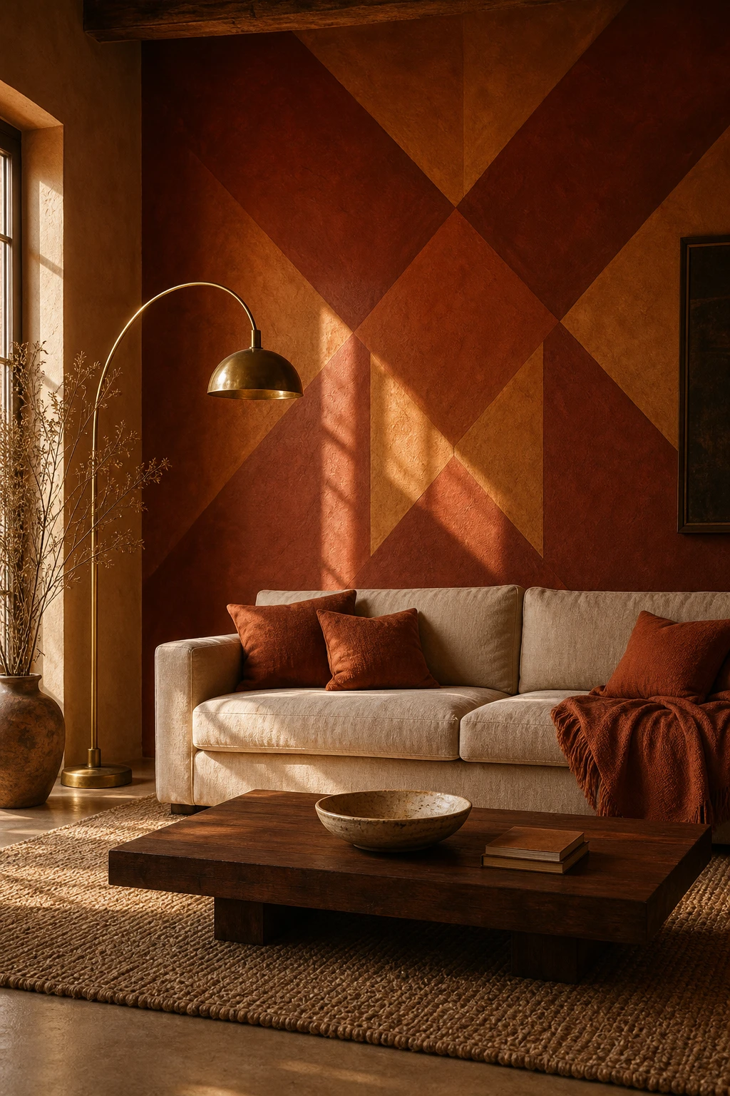 Brown and orange living room with geometric wall paint in warm earth tones, angled shapes framing a linen sofa, aged brass floor lamp, and woven jute rug