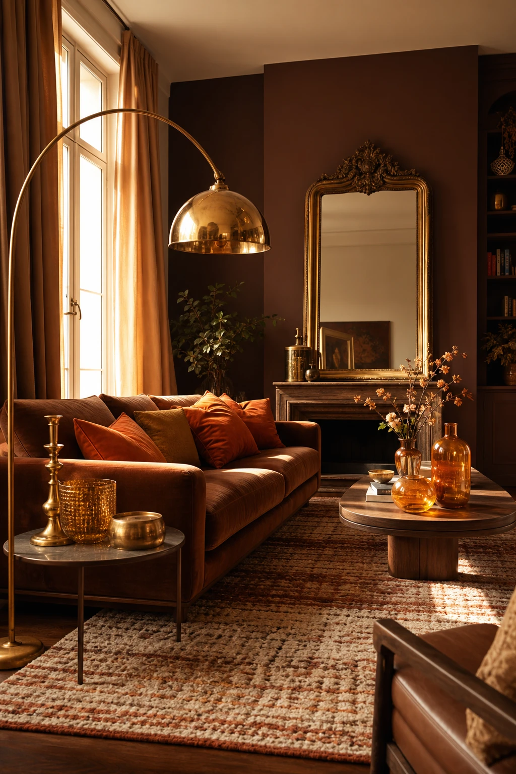 Brown and orange living room with gold accents, deep reddish brown walls, velvet sofa, gilded mirror, brass lamp and woven rug under warm evening light