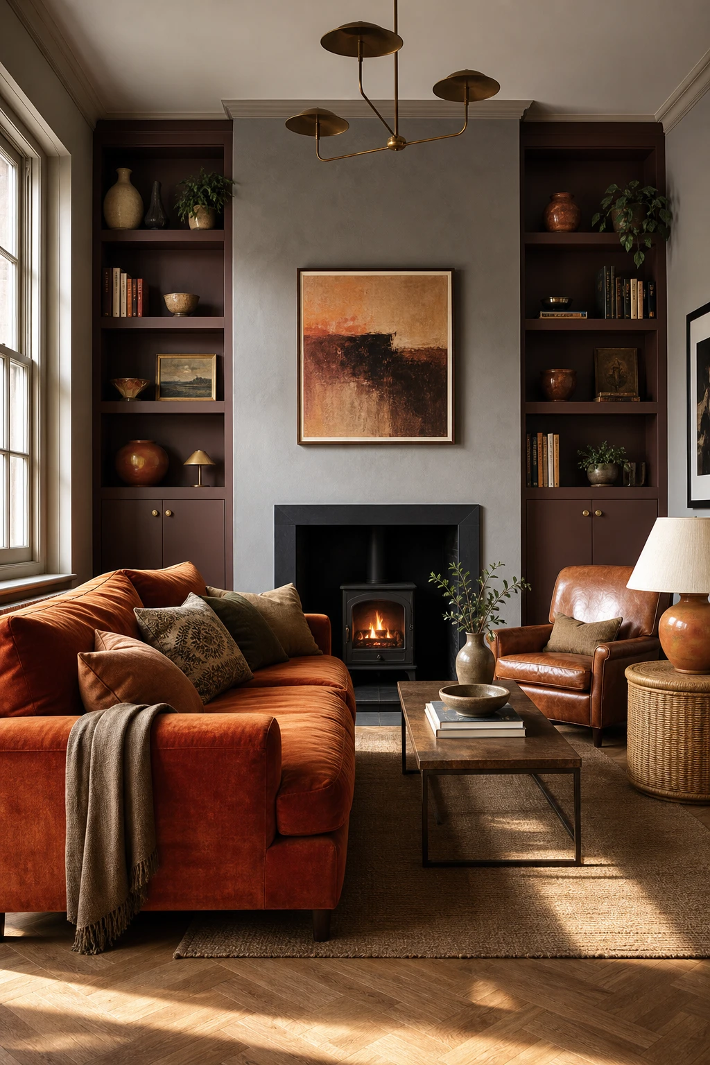 Brown and orange living room with grey walls, Farrow and Ball Cola painted built in shelving, burnt orange sofa, warm brown leather armchair and rattan side table