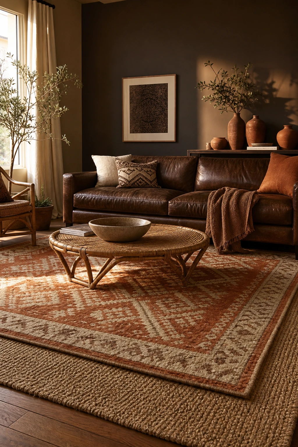 Brown and orange living room with layered rugs as hero, a smaller diamond patterned rug over a large jute base, warm afternoon light, Farrow Ball Pantalon walls