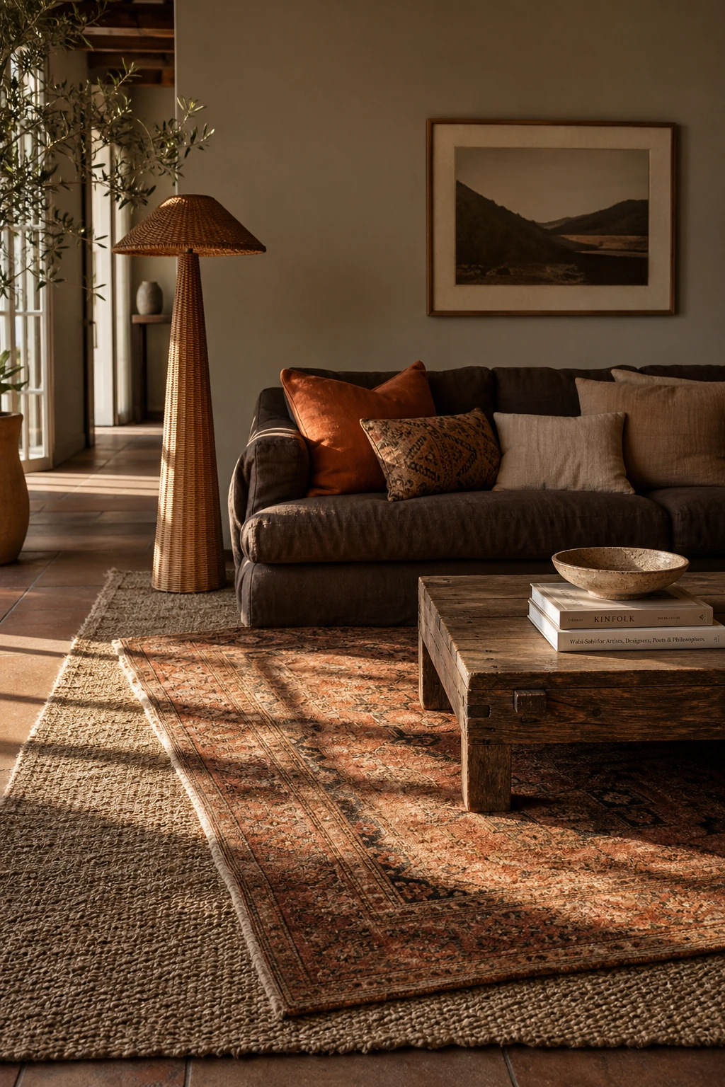 Brown and orange living room with layered rugs as the hero, a jute base rug topped with a vintage orange wool rug, low sofa, linen cushions, and warm afternoon light on London Stone walls