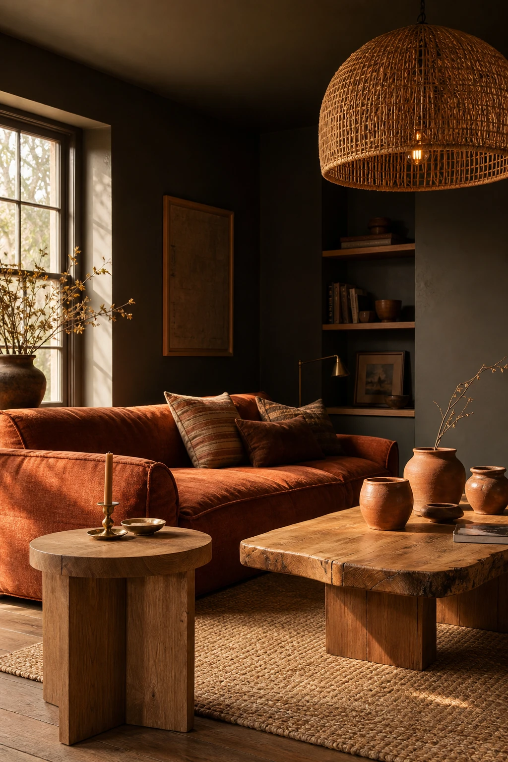 Brown and orange living room with natural wood furniture, warm afternoon light, and Farrow and Ball Tack Room Door paint on the walls