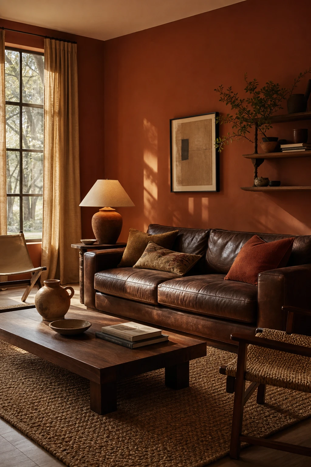 Brown and orange living room with rust coloured walls, a deep brown leather sofa, woven jute rug, terracotta ceramic lamp and linen curtains in warm afternoon light