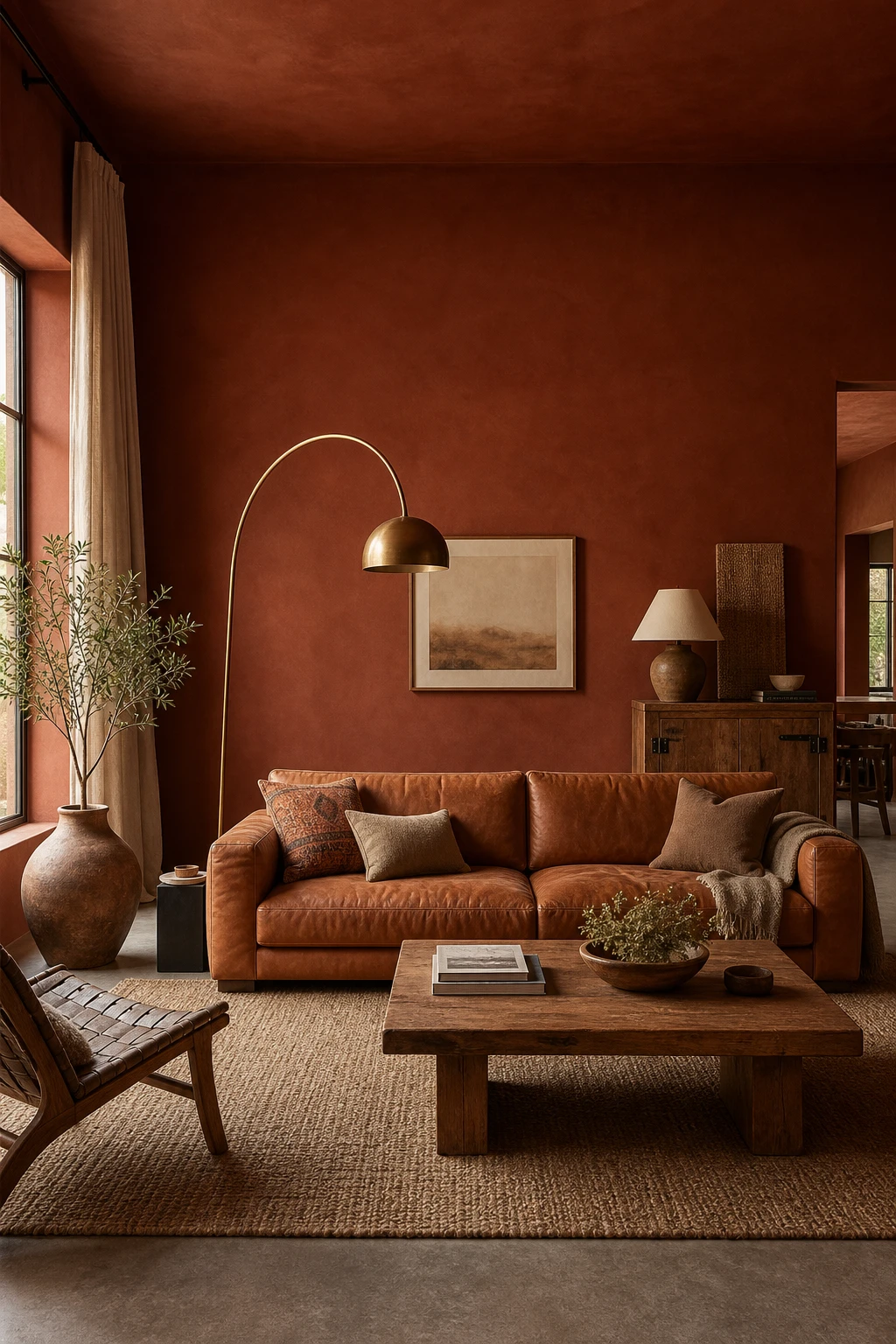 Brown and orange living room with rust painted walls in Farrow and Ball Singed Red, leather sofa, brass floor lamp, woven jute rug and linen curtains in warm afternoon light
