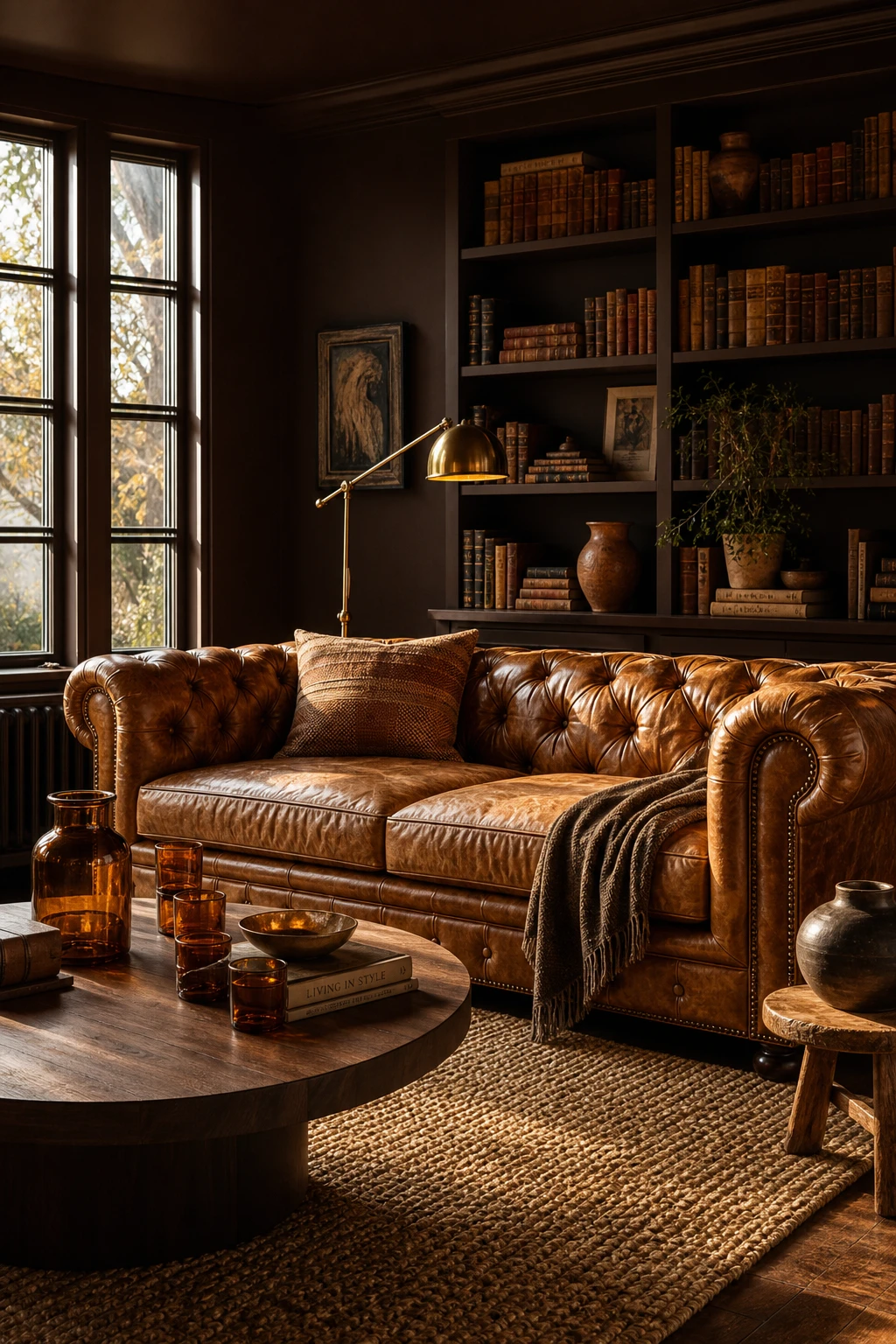 Brown and orange living room with tan leather sofa as hero, Cola painted walls, warm afternoon light, aged patina textures and natural materials throughout
