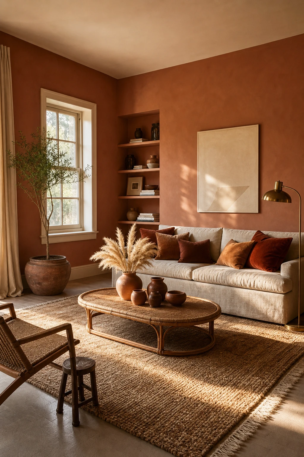 Brown and orange living room with terracotta painted walls in Farrow and Ball Faded Terracotta, linen sofa, rattan coffee table, warm afternoon light