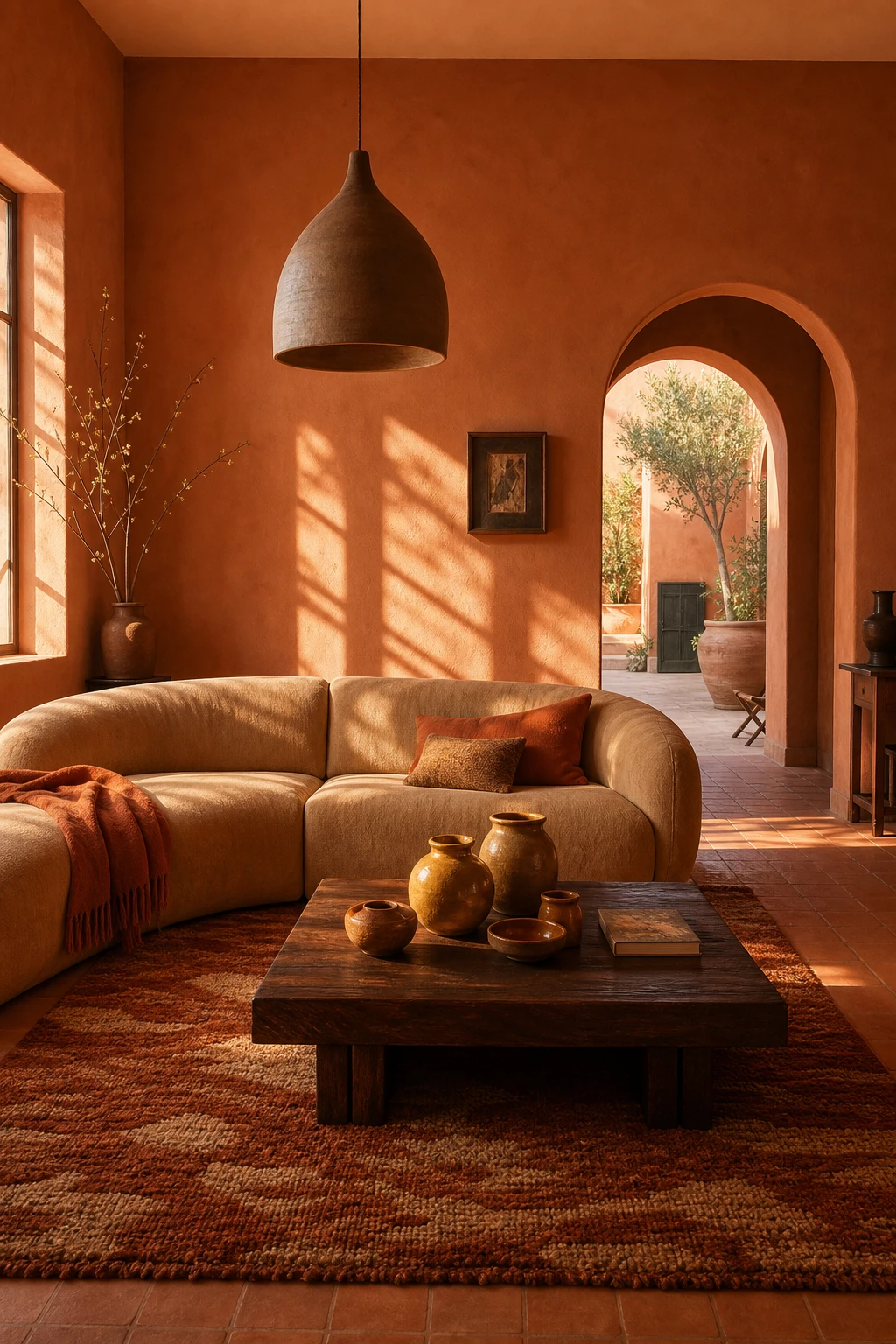 Brown and orange living room with terracotta painted walls in Farrow and Ball Faded Terracotta, linen sofa, woven rug, arched doorway and warm afternoon light