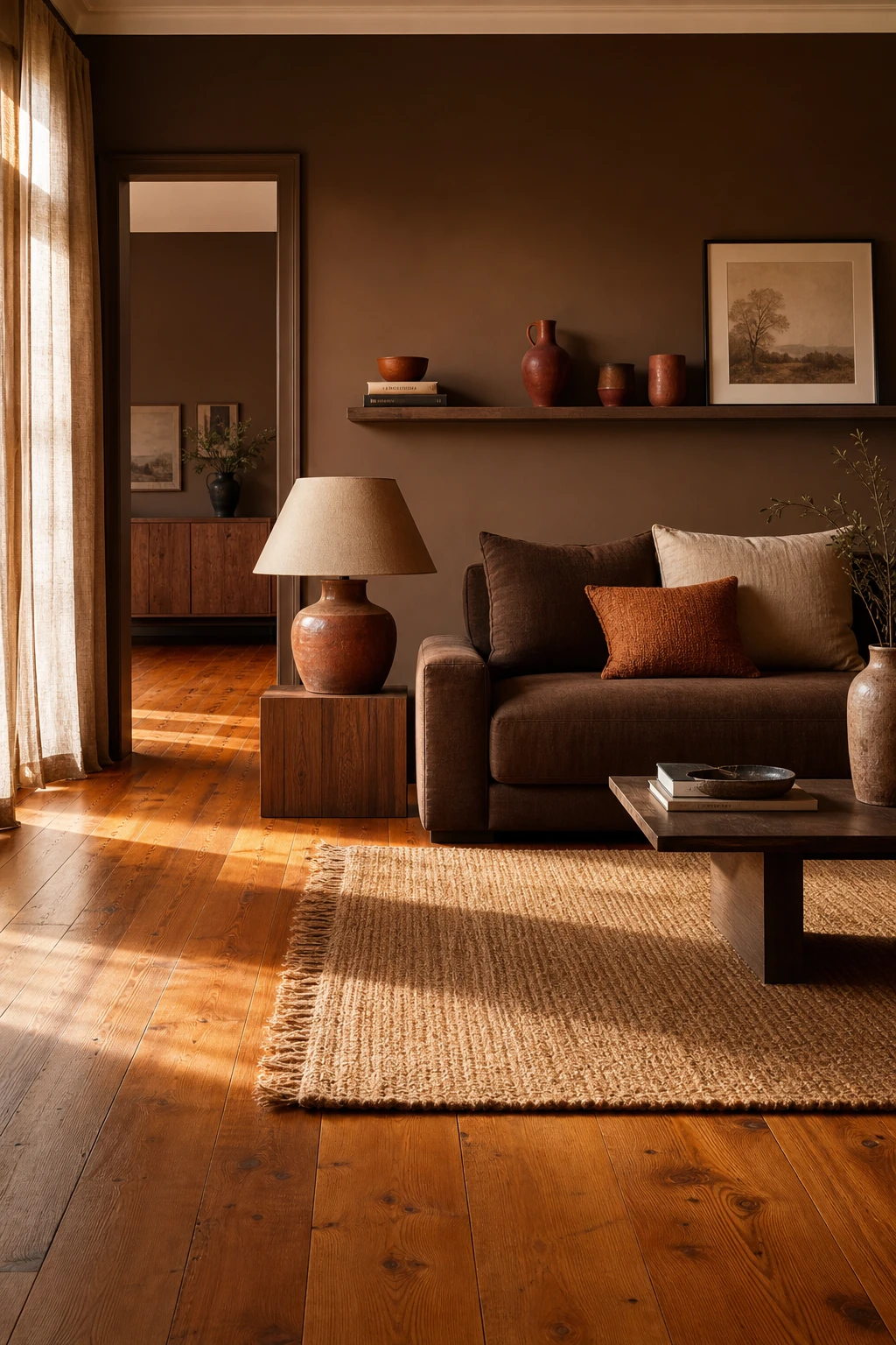 Brown and orange living room with warm orange toned wood floors as the hero foundation anchoring earthy brown furnishings and soft ambient light