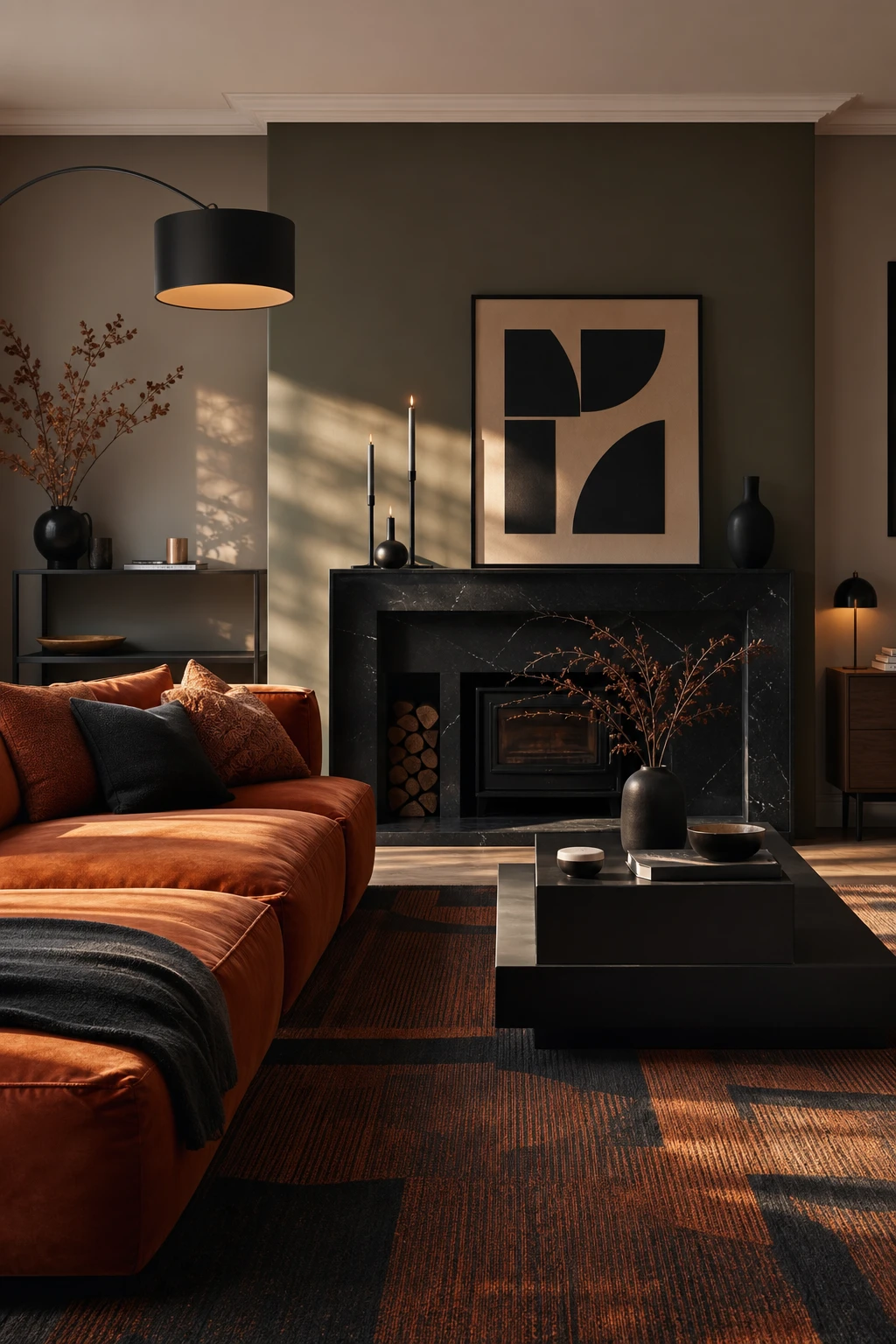 Burnt orange living room with black furniture as hero, featuring a velvet sofa, angular coffee table, statement floor lamp and Farrow and Ball Broccoli Brown accent wall