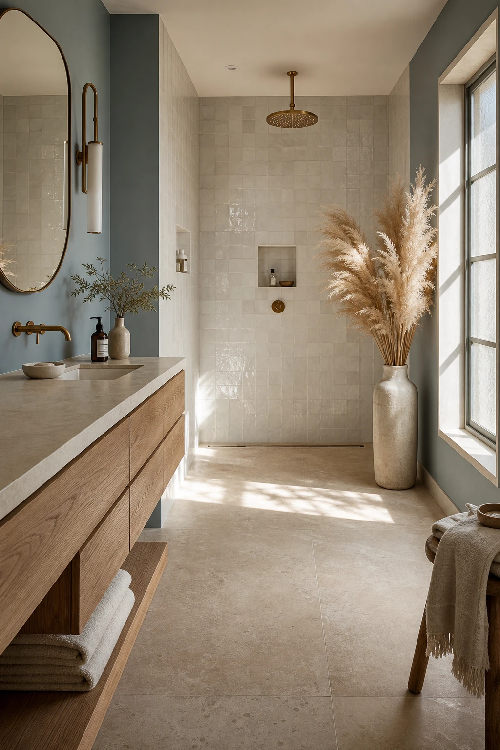 California coastal bathroom with a generous walk in shower, white zellige tiles, linear drain, driftwood vanity, and Farrow and Ball Stone Blue walls in soft natural light