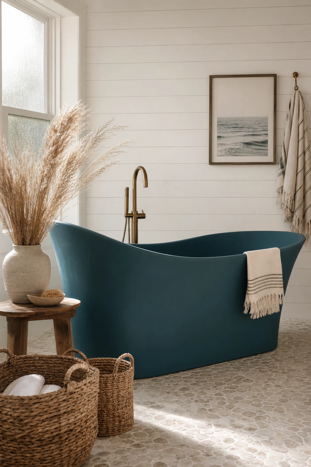 California Coastal bathroom with a teal freestanding bathtub as the hero accent against white shiplap walls, natural light, rattan accessories and stone floor