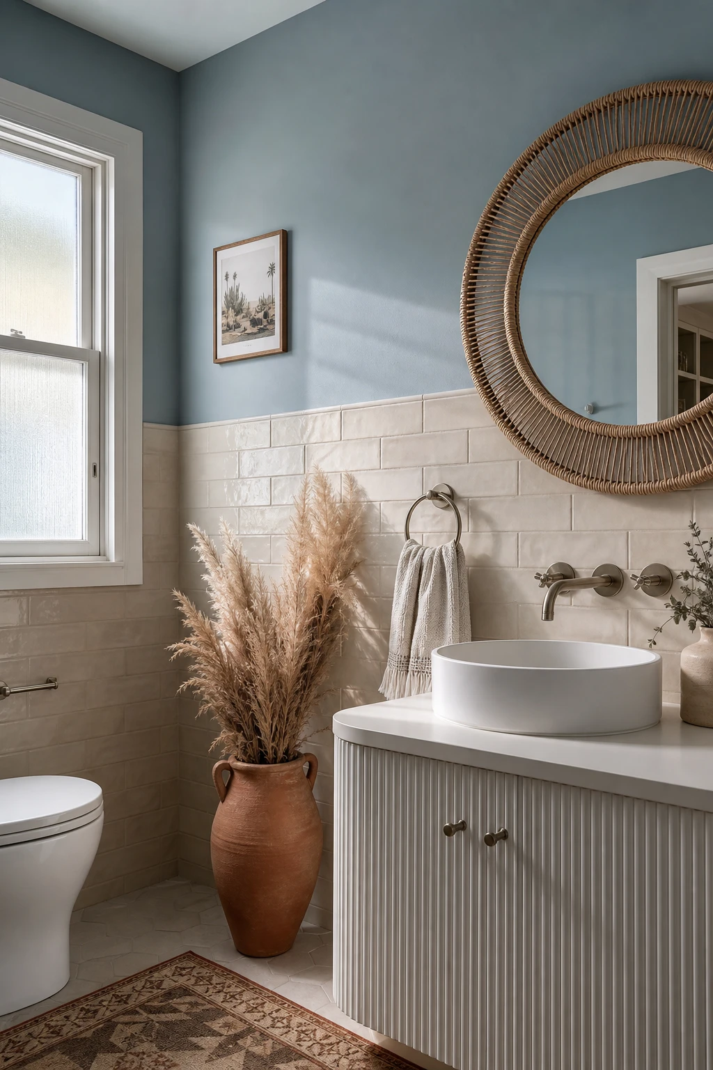 California Coastal bathroom with half tiled walls in soft stone, Farrow and Ball Dimpse painted upper walls, rattan mirror, brushed nickel fixtures and natural light