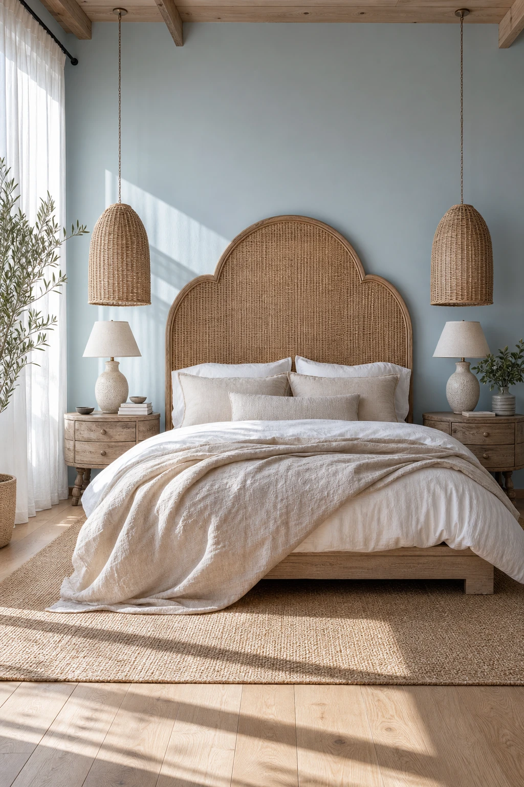 California Coastal bedroom with elegant rattan bedhead, linen bedding, driftwood side tables, woven pendant lights, and Farrow and Ball Powder Blue walls in soft morning light