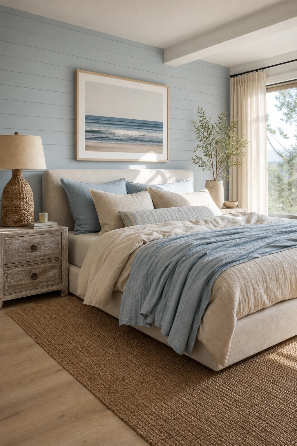 California Coastal bedroom with layered sandy neutral and soft blue bedding creating a restful beachy sleep retreat bathed in warm morning light