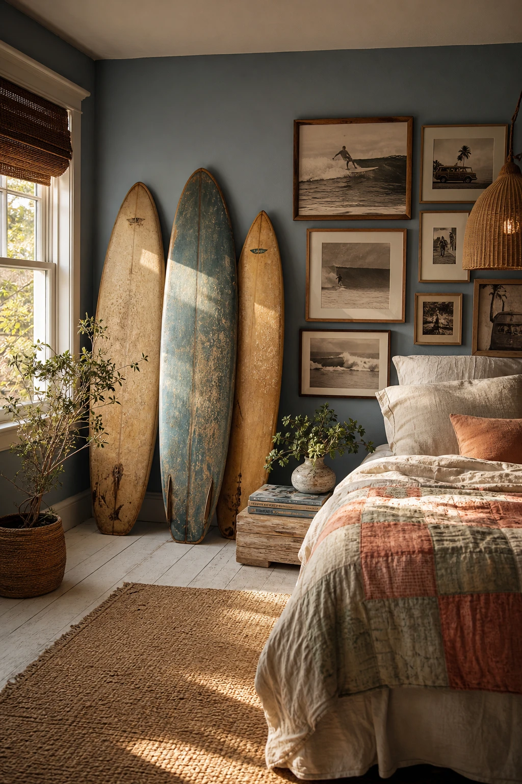 California Coastal bedroom with retro surf nostalgia theme featuring vintage surfboards, faded photography, and Farrow & Ball Barrow Blue walls in warm afternoon light