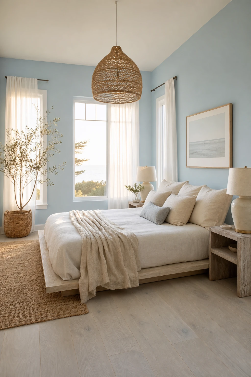 California Coastal bedroom with soft blue walls on all four sides, linen bedding, rattan pendant, whitewashed oak floors and sheer curtains in warm morning light