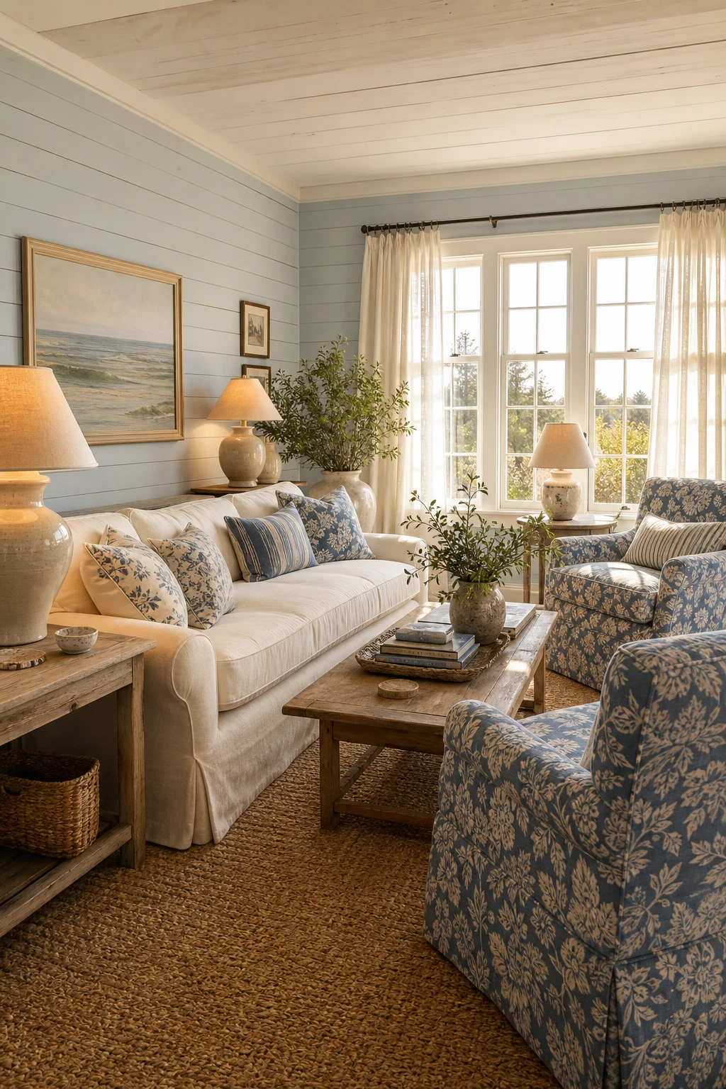 California Coastal cottage living room with cosy small scale furniture, mixed patterns, shiplap walls in Farrow and Ball Pale Powder, and warm natural light