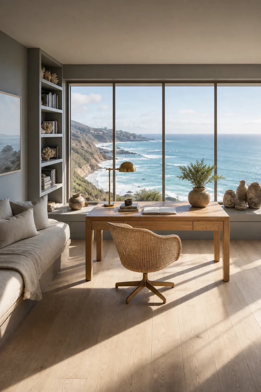 California Coastal home office with desk facing floor to ceiling ocean view windows, Farrow and Ball Parma Gray walls, rattan chair, whitewashed oak floor
