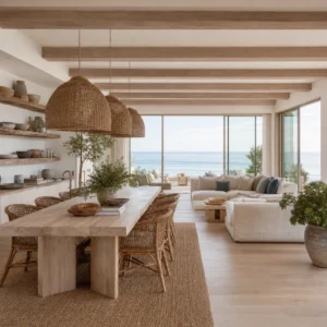 California Coastal open-plan living room with white oak floors, low linen seating, rattan pendants, and floor-to-ceiling sliding doors opening to an ocean view in soft morning light.