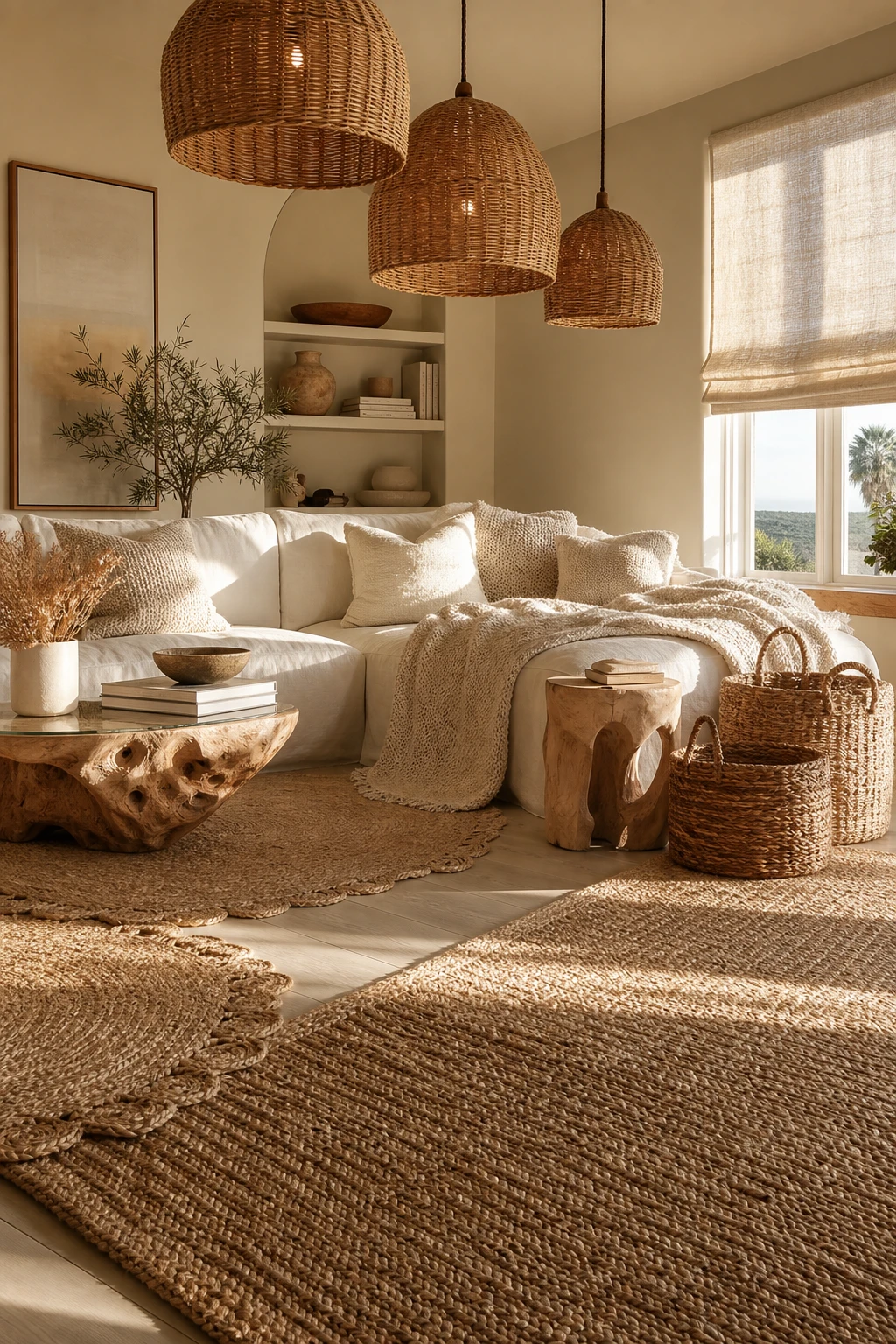 California Coastal interior layered with woven jute, linen, rattan and weathered oak surfaces bathed in warm afternoon Pacific light