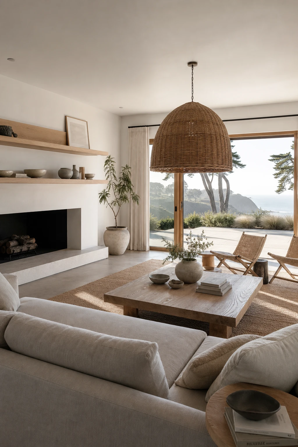 California Coastal interior living room with clean lines, white oak floors, linen sofa, woven pendant light and soft white walls painted Farrow & Ball Wevet