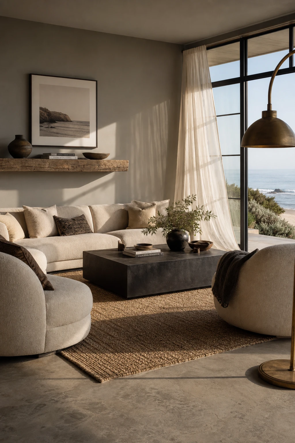 California Coastal interior living room with raw steel frames and linen upholstery, Farrow & Ball Lamp Room Gray walls, driftwood accents, and natural woven textures