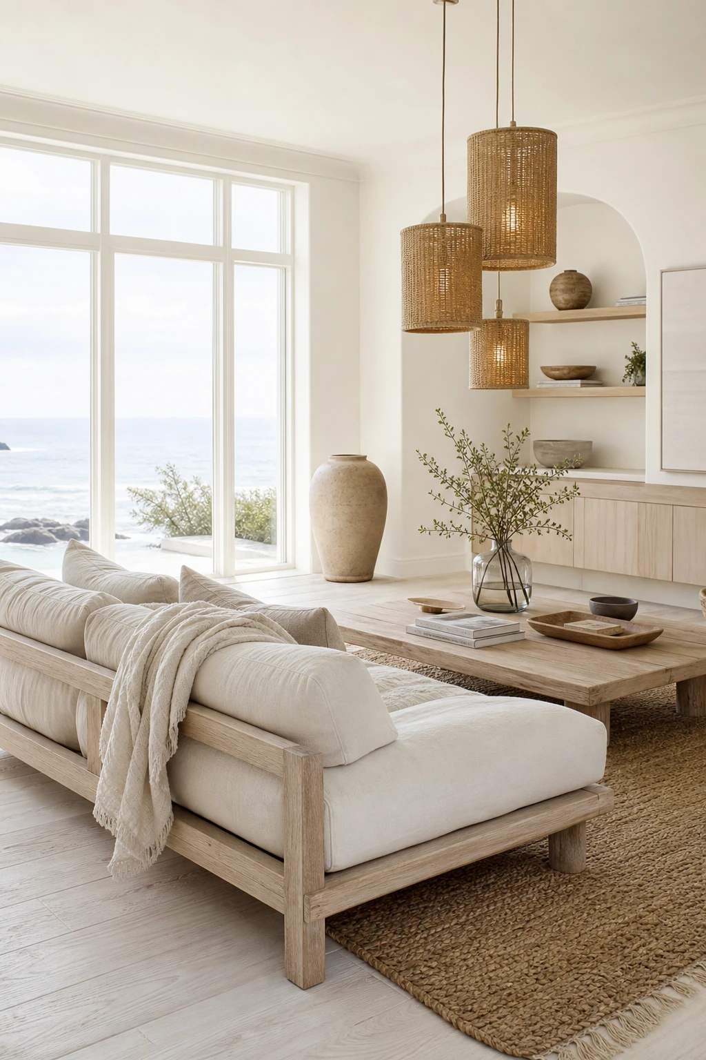 California coastal interior with Nordic calm, pale ash wood furniture, linen upholstery, woven textures, and Farrow and Ball Great White walls in soft natural light